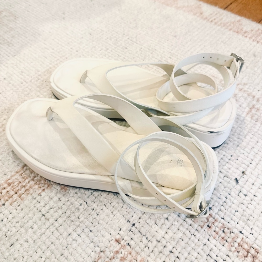 Zara White Strappy Ankle-Wrap Platform Sandals